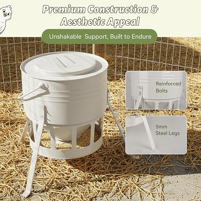 KOL Metal Chicken Feeder - 20lbs No Waste Chicken Feeder with 12 Ports, Powder Coated Rust-Proof Design & Smooth Edges for Safe Feeding (Jade White)