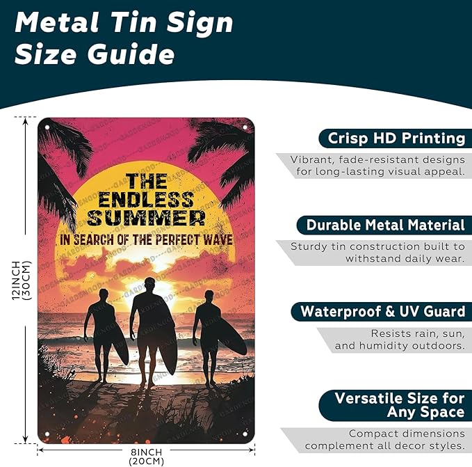 Beach Inspired Metal Tin Sign The Endless Summer Rustic Wall Decor Vintage Surf Shack Art Iron Poster For Cafe Bedroom Coastal Gift 12x8 Inch
