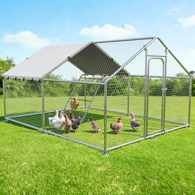 Large Metal Chicken Coop with Waterproof and UV-Resistant Cover,Chicken Run Outdoor Walk-in Cage Rabbit Duck Hen House for Yard Farm Use Spire Roof (10’ W x 9.9’ L x 6.4’ H)