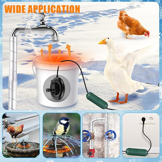 3 Pcs Submersible Water Heater Bird Bath Heater Chicken Waterer De-icer Water Trough Outdoor for Farm Pond Winter Poultry Livestock Tank Horse Drink, Pipe Tape Cord Cover(Deep Black,70 W)