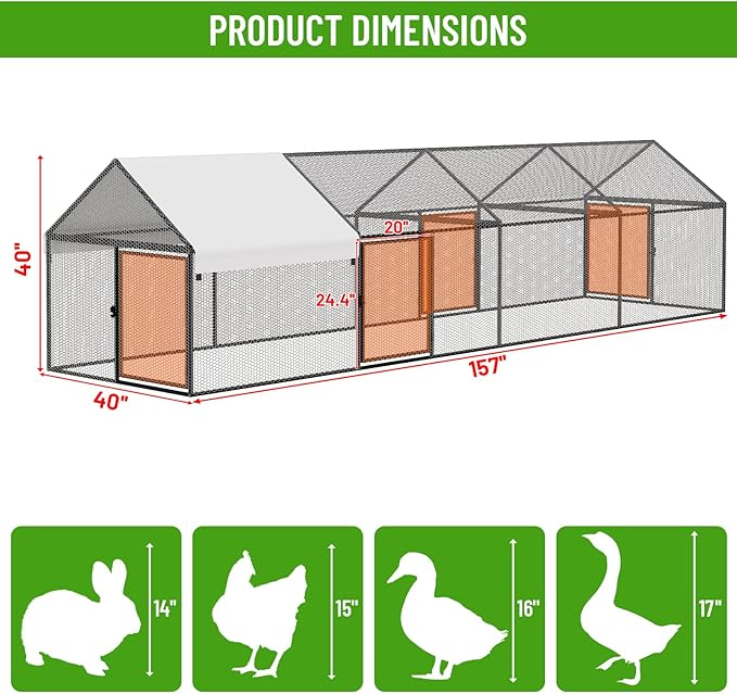 Metal Chicken Coop 157"×40"×40" Chicken Run with Waterproof Cover Portable Poultry Cage Walk in Hen House Outdoor Backyard Farm Animal Enclosure Crate Pet Playpen Exercise Pen for Rabbit Duck