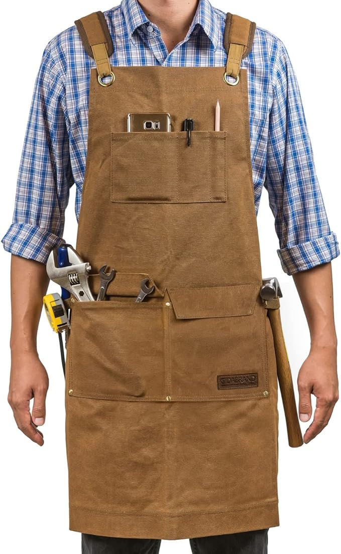 Woodworking Shop Aprons for Men and Women | 16 oz Durable Waxed Canvas Work Apron with Pockets | Cross-Back Straps | Adjustable Tool Apron Up To XXL | Gift for Woodworker - Bring a Smile to Their Face