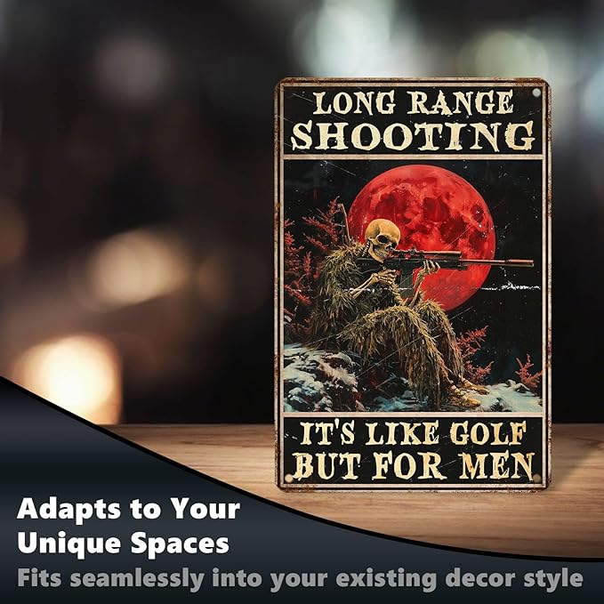 Vintage Skeleton Tin Sign Long Range Shooting Retro Metal Poster It's Like Golf But For Men Funny Gun Wall Art Cafe Office Wall Decorations for Home Bar Club Military Fan Man cave 12 * 8 In