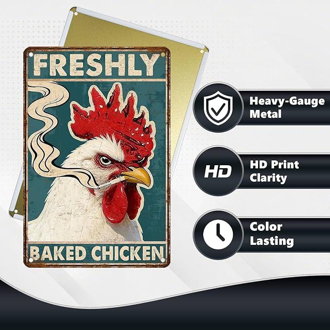 Funny Chicken Metal Signs Rooster Kitchen Decor Freshly Baked Chicken Tin Signs Vintage Farmhouse Poster Rustic Wall Decor For Home Farm Cafe Bar Pub Man cave Living Room Office 12 * 8 In