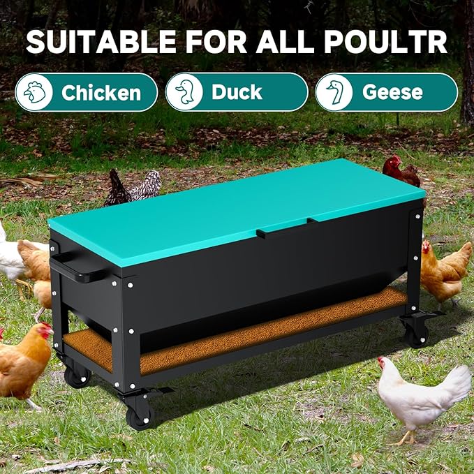 Heavy Duty Chicken Feeder 120 lbs Large Capacity, Metal Automatic Poultry Feeding Box with Waterproof Lid, Raised Standing Feeder with Wheels for Hens & Roosters, Portable & Easy to Move