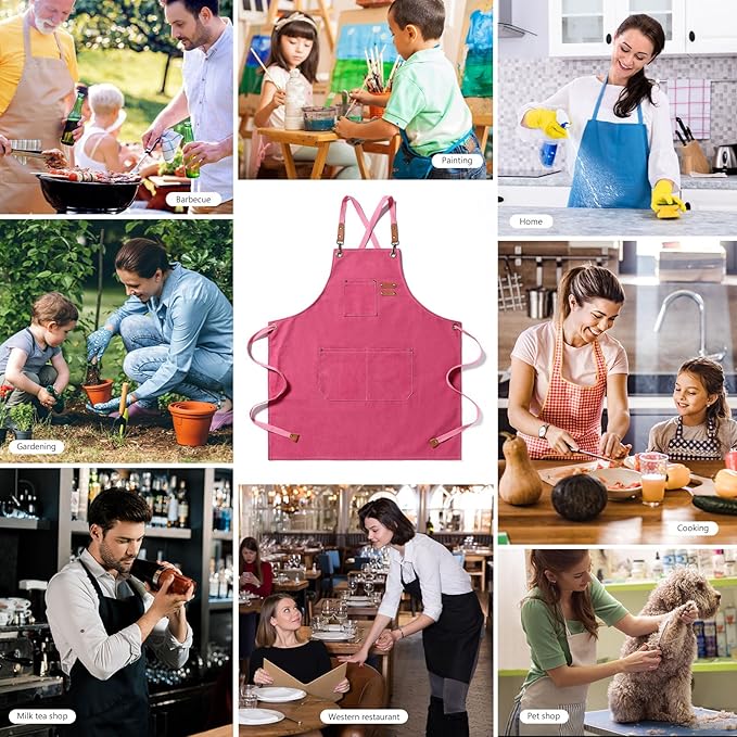 Unisex Aprons with Large Pockets,Cotton Canvas Cross Back Heavy Duty Adjustable Work Apron,Size Kids to Adult