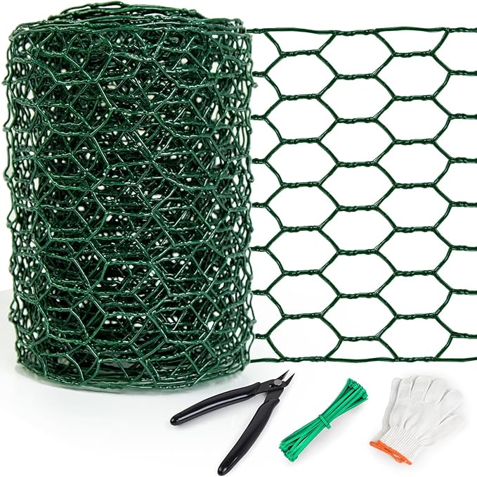 Chicken Wire 4in x 118in with a Pair of Gloves，1 Wire Cutter，50 Pcs Cable Zip Ties, Floral Chicken Wire Mesh 0.8mm Hexagonal Galvanized PVC Coated Garden Netting Fence for Craft Poultry Garden