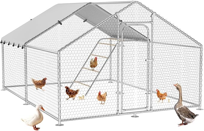 Large Metal Chicken Coop with Waterproof and UV-Resistant Cover,Chicken Run Outdoor Walk-in Cage Rabbit Duck Hen House for Yard Farm Use Spire Roof (10’ W x 9.9’ L x 6.4’ H)