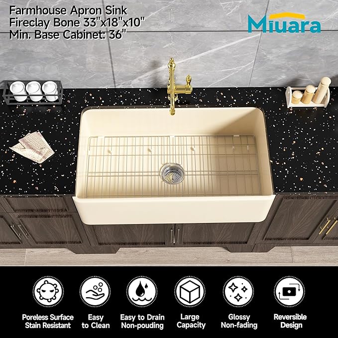 Bone Farmhouse Sink 33 Inch - Apron Front Kitchen Sink Reversible 33x18x10, Undermount Installation, Farm House Style Single Bowl, Heavy Duty Solid Fireclay, Bone Color, for Kitchen