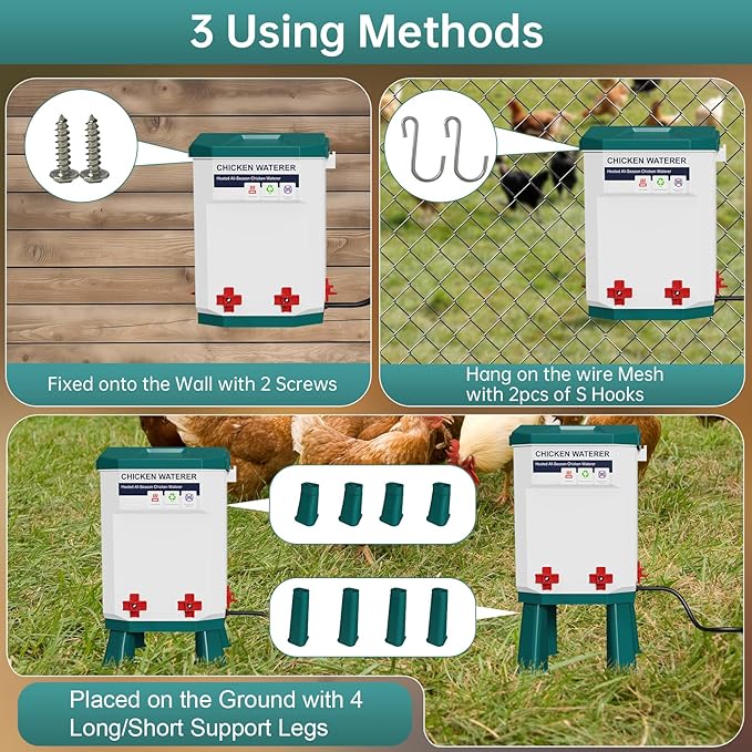Heated Chicken Waterer, Thermostatically Controlled Poultry Water Heater for Winter, 4 Horizontal Nipples and 8 Support Legs, Anti-Freezing Watering System for Coop Accessories (Blue, 1.9Gallon)