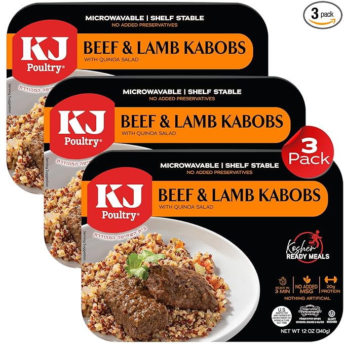 KJ Poultry Kosher Ready Meals - Beef Lamb Kabob & Quinoa, MRE Meat Meals Ready to Eat (3 Pack) Prepared Entree Fully Cooked, Shelf Stable Microwave Dinner Travel, Military, Camping, Emergency Survival