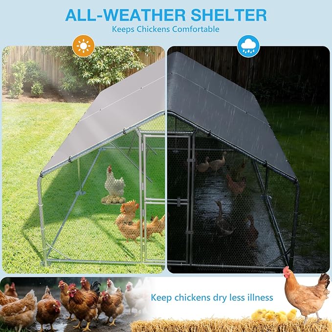 Metal Chicken Coop, Chicken Runs for Yard with Cover, Walk-in Chicken Run, Outdoor Chicken Pen, Heavy-Duty Galvanized Frame with Roosting Ladder,10x13x6.5FT