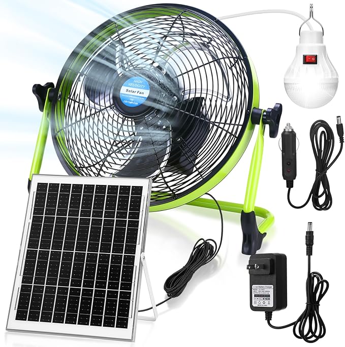 12" Solar Rechargeable Floor Fan, 15000mah 20w Battery Powered Fan with Solar Panel & Ac Adapter Charging, 3-in-1 Camping Ventilador and Light for Outside Home Patio Garage Chicken Coop Greenhouse