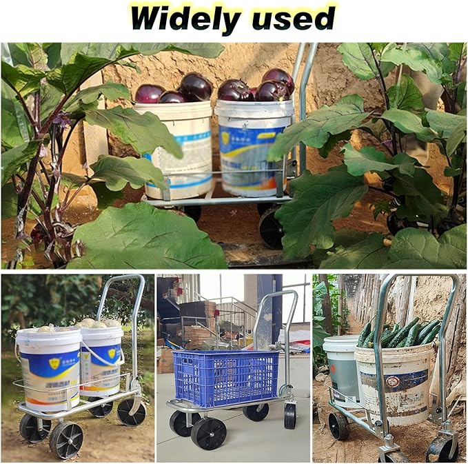 Pushable Utility Dual-Bucket Hand Truck for Farmland/Greenhouse, Galvanized Steel All-Terrain Hand Dollys with 7 Inch Large Wheels for Moving Farm Crop/Grocery