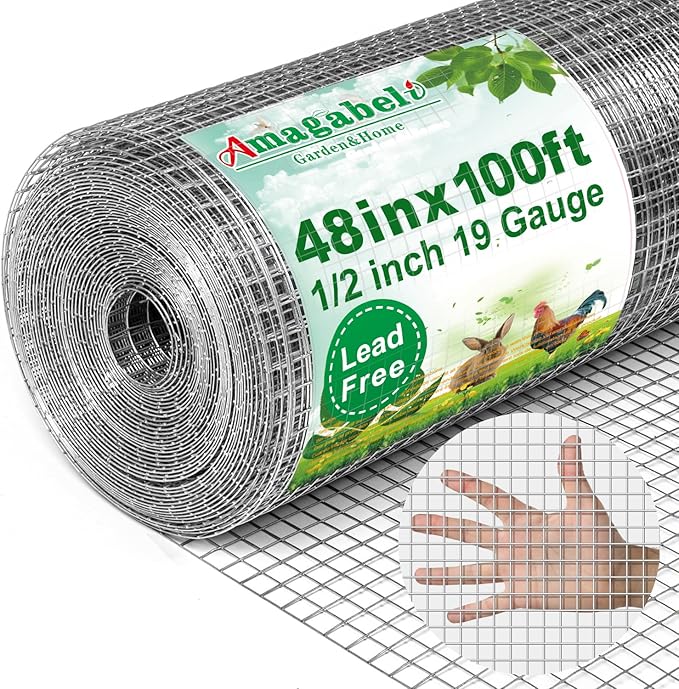 Amagabeli Hardware Cloth 1/2 inch 48 x 100 ft 19 Gauge Chicken Wire Fence Hot-Dipped Galvanized After Welding Welded Wire Fencing Mesh Roll Plant Support Gopher Snake Rodent Rabbit Poultry Netting