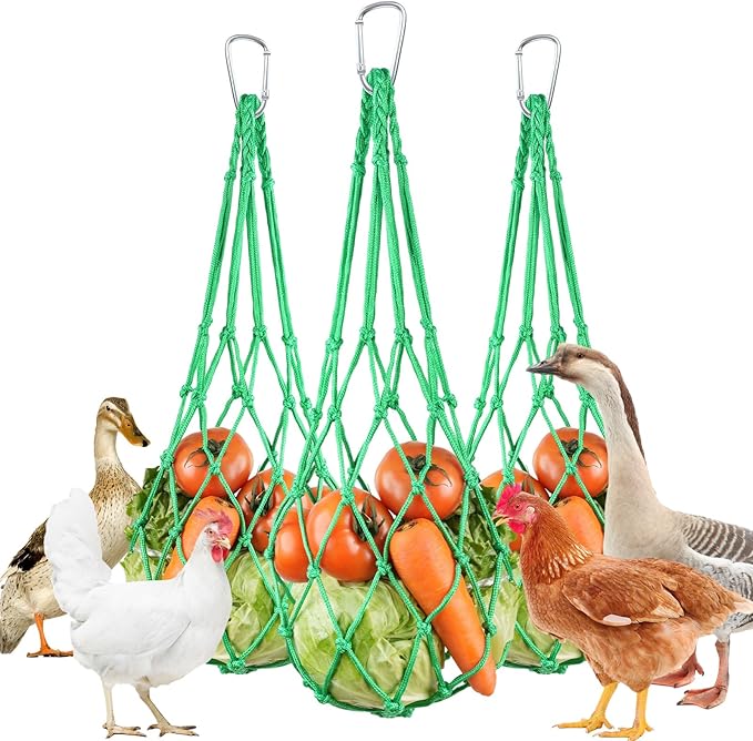 3PCS Chicken Vegetable Hanging Feeder, Chicken Vegetable and Fruit String Bag, Chicken Toys for Coop, Chicken Cabbage Feeder, Hanging Chicken Feeder with Hook for Hens Goose Duck (3PCS Green)