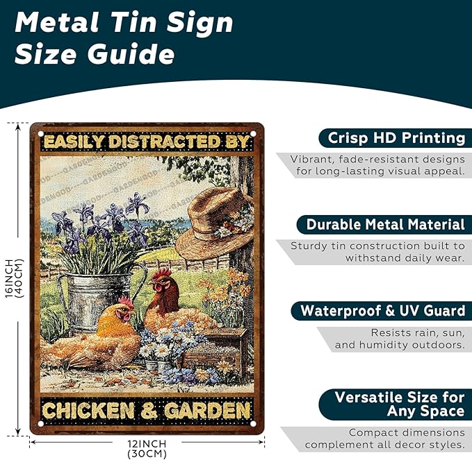 Chicken Vintage Tin Sign Easily Distracted By Chicken & Garden Metal Sign For Garden Home Decor 16x12 Inch