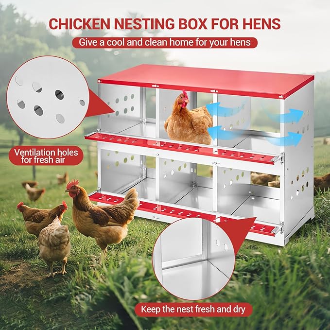 Heavy Duty Metal Chicken Nesting Box – 6 Compartments, Roll-Away Egg Tray, Vented Design, Pull-Out Cleaning Tray, Swing Perch, Wall Mount, Without Cover-Red, 96×48×71cm