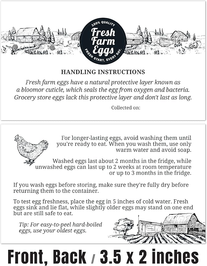 100 Pack Premium Fresh Farm Eggs Handling Instructions Care Accessories Cards Labels | Egg Blank Cartons 4 6 12 15 18 30 48 50 Count Basket Box Container Storing Extra Organizer -M09CH100