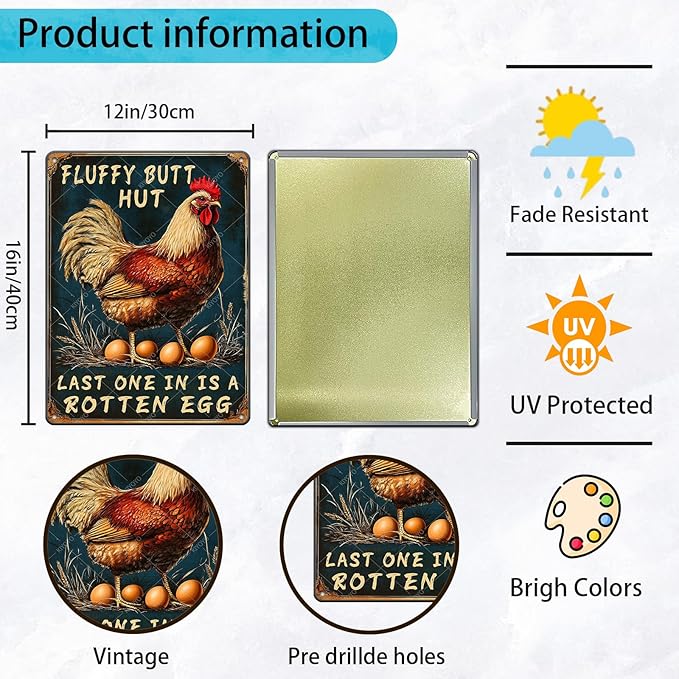 Chicken Metal Tin Sign and Egg Poster Fluffy Butt Hut Vintage Tin Sign for Family Kitchen Bar Farm Garden Wall Plaque 16x12 Inch