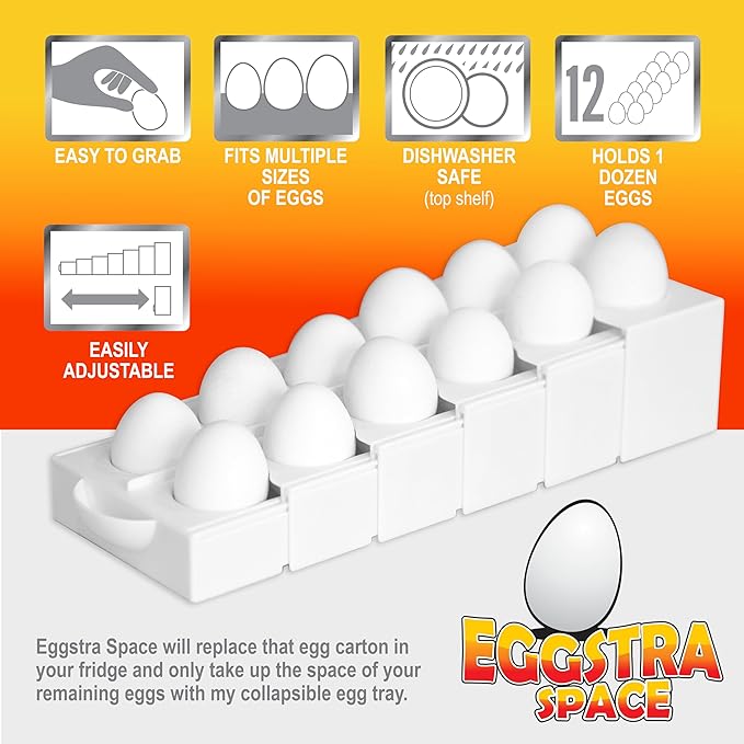 Eggstra Space Egg Organizer for Refrigerator, Adjustable Container, Collapsible & Expandable Tray Egg Holder for Fridge Organizer, Space Saving Fridge Storage Solution - White