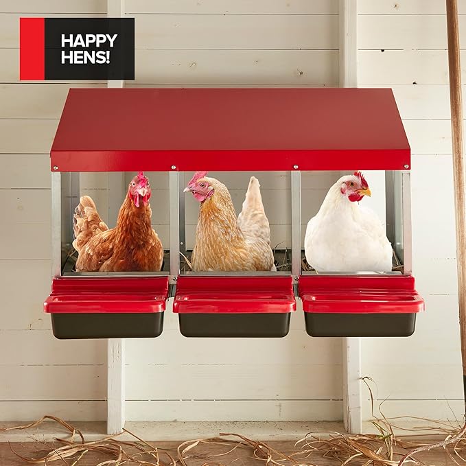 Chicken Nesting Boxes for Laying Eggs, 3-Compartment Roll-Away Nesting Boxes for Chickens Coop with Perch, Hens, Ducks & Other Poultry, Includes 3 Wooden Dummy Eggs
