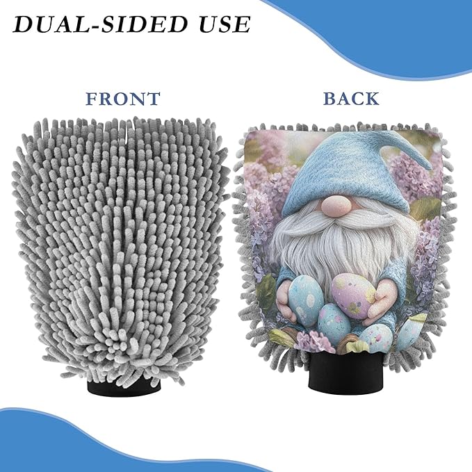 Cute Easter Gnome Colorful Eggs Washing Mitts Car Wash Scratch Free Soft Car Washing Kit Mitts Cleaning Microfiber Absorbent Chenille, Large x 2 Pack