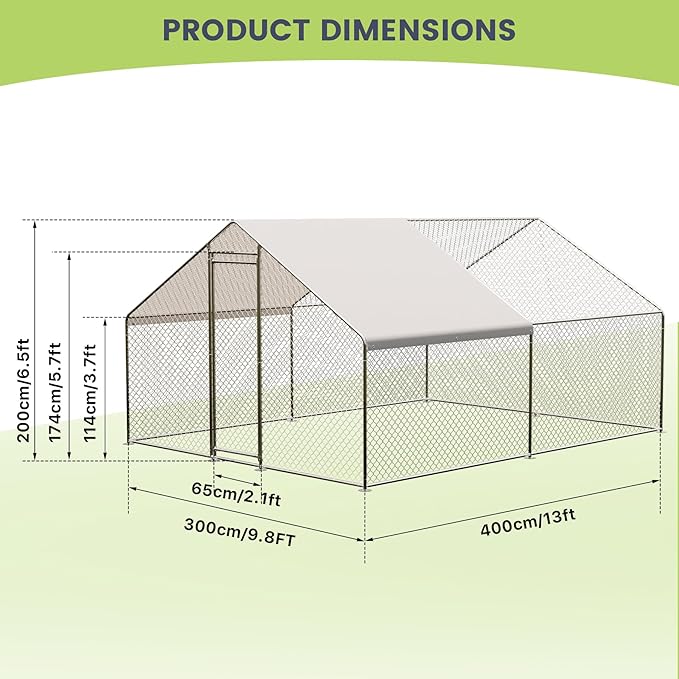 Large Metal Chicken Coop, Large Chicken Run, Walk-in Poultry Cage with Waterproof and Anti-Ultraviolet Cover for Outdoor Yard Farm Use (9.8' L x 13.1' W x 6.6' H)