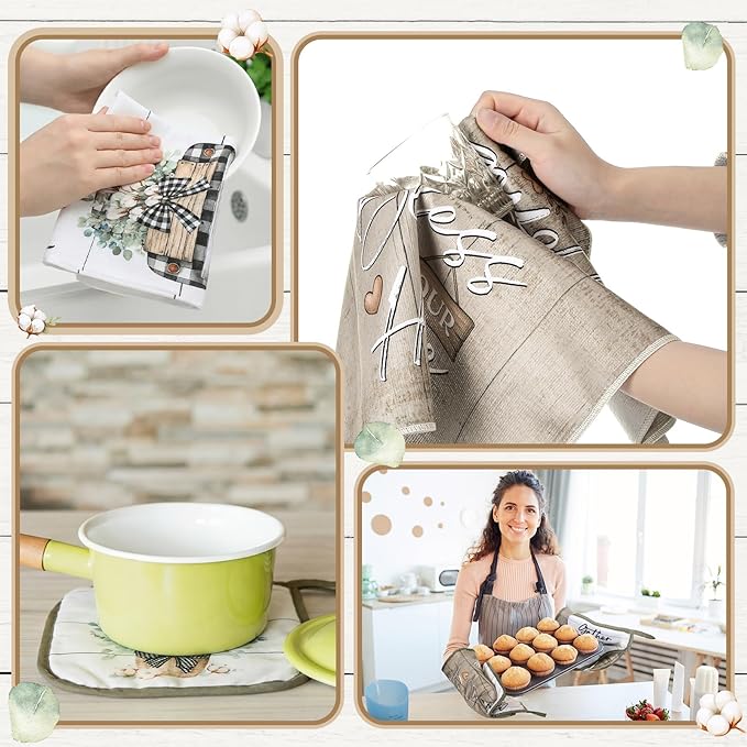 10 Pcs Flower Basket Farmhouse Kitchen Decor Set Dish Towels Kitchen Rugs Oven Mitts and Pot Holders Set for Cooking Baking Grilling Women Mom Daughter Gift(Spring Color)