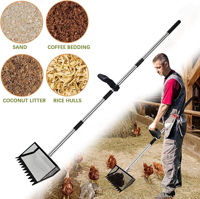12" Metal Chicken Poop Scooper Rake for Sand with 24 to 68" Handle, Adjustable Chicken Poop Scooper for Poop,Wide 10”Poop Shovel Cleaning Tools, Heavy Duty Sifting Shovel (Black Max)