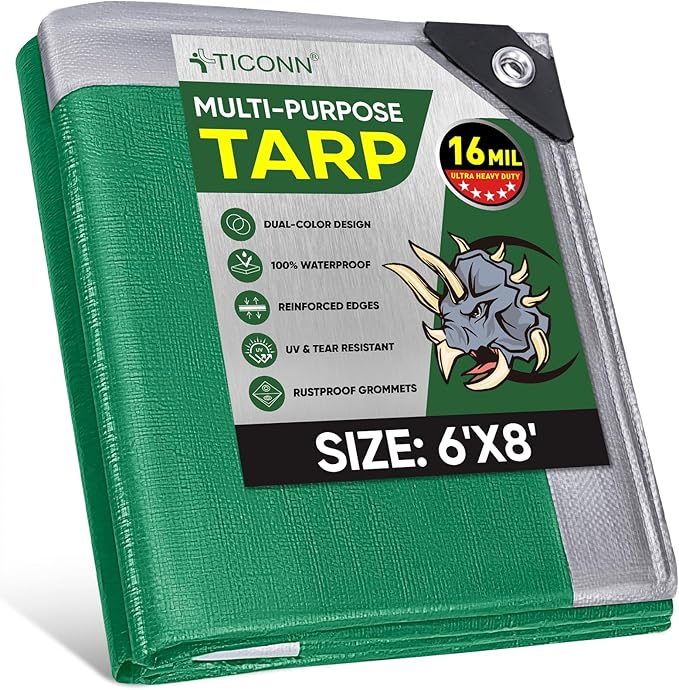 TICONN Heavy Duty Tarp Cover, Extra Thick Tarps Waterproof Tear and Rip Proof UV Resistant Tarpaulin with Reinforced Grommets and Edges (16 Mil, 6'x8')