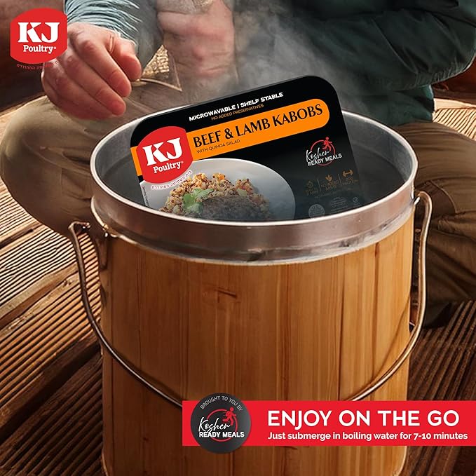 KJ Poultry Kosher Ready Meals - Beef Lamb Kabob & Quinoa, MRE Meat Meals Ready to Eat (6 Pack) Prepared Entree Fully Cooked, Shelf Stable Microwave Dinner Travel, Military, Camping, Emergency Survival