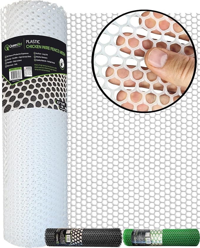 QueenBird Upgraded Plastic Chicken Wire Fence Mesh - 15.7IN x 10FT- Black/Green/White Colors - Hexagonal Fencing for Gardening - Poultry Netting, Floral Netting, Plastic Chicken Wire Mesh Roll (White)