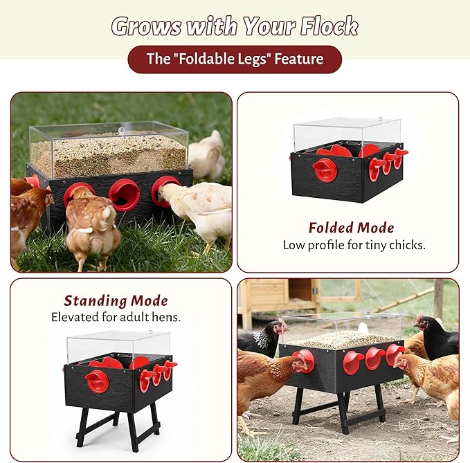 KOL No-Waste Chicken Feeder, 22LB Poultry Feeder with 6 Anti-Spill Ports, Clear-View HIPS & Acrylic Design, Foldable Stand for Hens and Chicks – Automatic Gravity-Flow Feeder