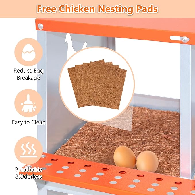 Chicken Nesting Box, 4 Compartment Wall Mount Metal Chickens Laying Boxes for Hens, Ducks, Roll-Out Egg Collection for Chicken Coop, Backyard, Farms, Orange