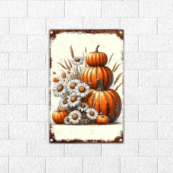 Vintage Pumpkin And Daisy Metal Tin Sign Rustic Fall Harvest Wall Art Farmhouse Autumn Decor For Home Kitchen Or Garden 8 x 12 Inch Outdoor Indoor Aluminum
