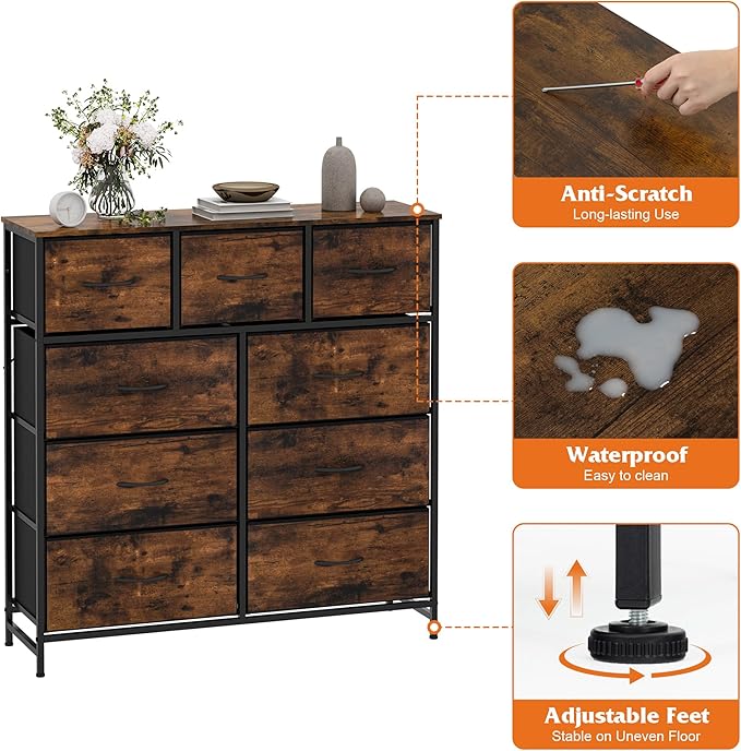 WelFurGeer 9-Drawer Dressers with Sturdy Metal Frame - Tall Chest Organizer Unit with Fabric Bins, Storage Chest of Drawers for Bedroom, Living Room, Hallway, Entryway,Rustic Brown Wood Grain Print