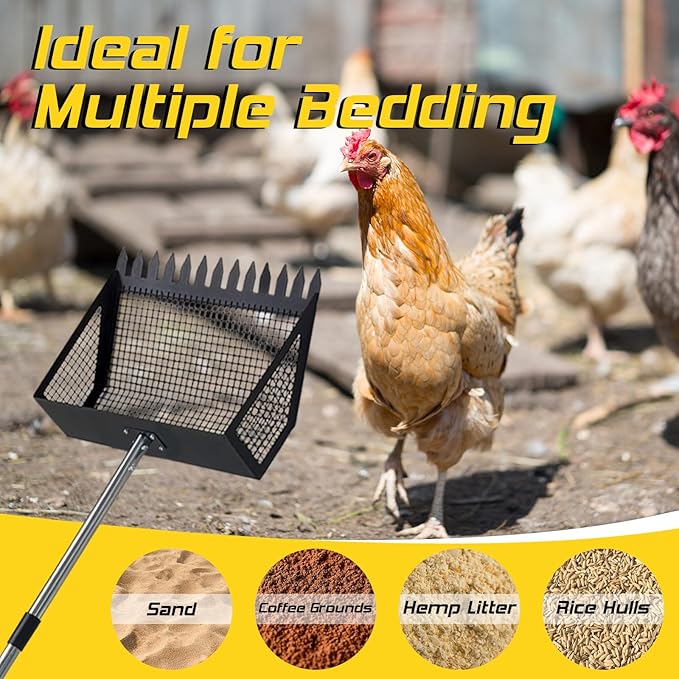 Chicken Poop Scooper & Rake 2-in-1, 304 Stainless Steel Litter Scoop Shovel, Sand Sifting Shovel Coops for Chicken Coop & Pet Waste Cleaning,- Adjustable 22" to 62"