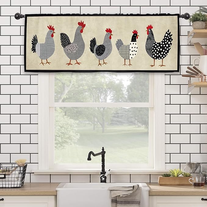 Chicken Rooster Kitchen Curtain Valance 54W x 18L Inch Farm Rural Vintage Retro Country Rod Pocket Short Cafe Small Window Treatment Drapes Decor