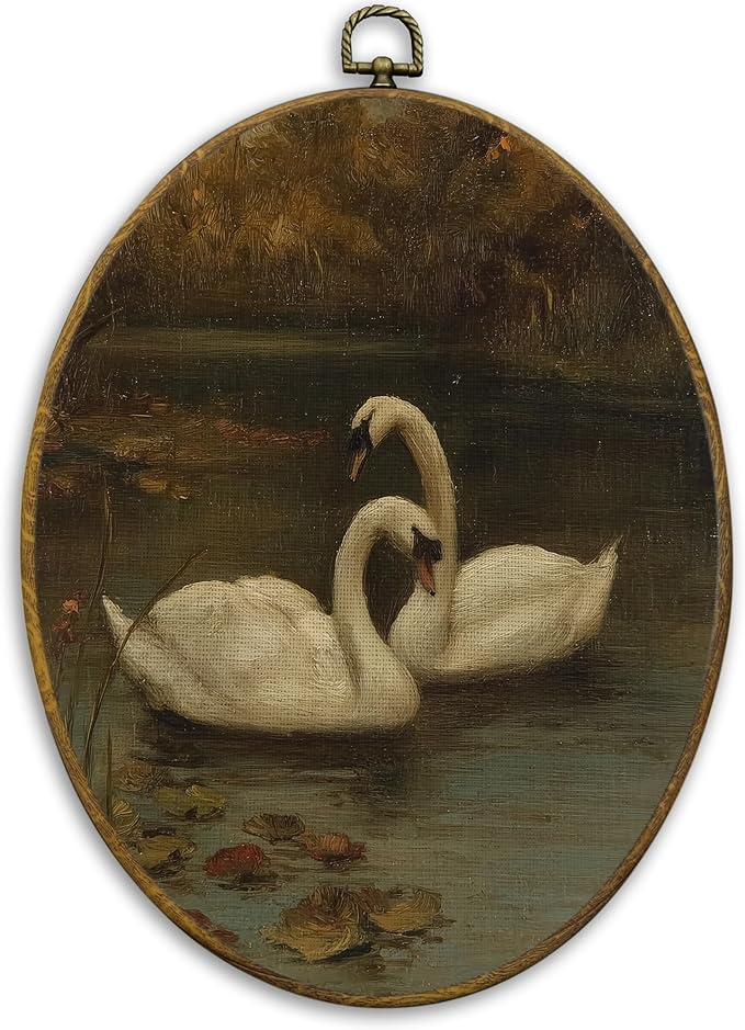 CUANFDDSF Vintage Swan Oval Wall Art Decor, Modern Farmhouse Swan Wall Hanging Decor, Moody Cottagecore Farmhouse Antique Animal Framed Canvas Prints for Home Bedroom Living Room, 8.6x11.4 Inch