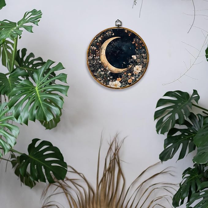 Hiuwevt Mystical Star Sky Lunar Floral Round Wall Art Decor, Dark Cottagecore Crescent Moon Hanging Canvas Prints Artwork Framed, Rustic Wildflower Circular Wall Decor for Home Room, 10x10 Inch
