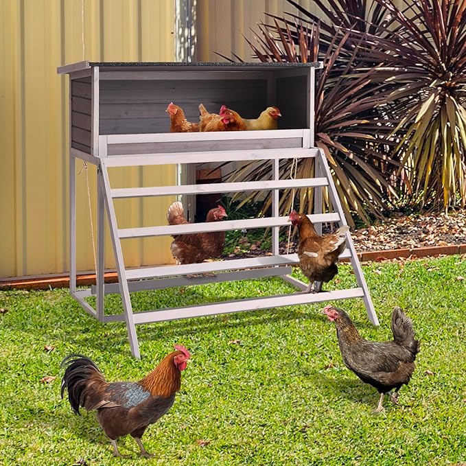 BIRASIL Chicken Nesting Box, Chicken Coop Accessories with Asphalt Roofing, Chicken Laying Boxes with Stairs, Nesting Egg Boxes with Leisure Swing for Hens or Chickens