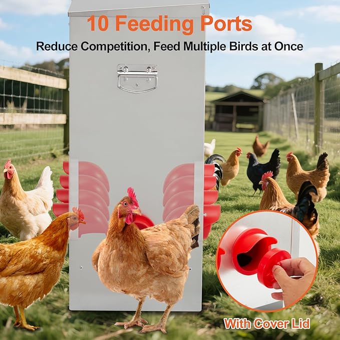 Large Automatic Chicken Feeder 85-120lbs, Galvanized Metal Chicken Food Dispenser, Rainproof & Rodent Proof No Waste Poultry Feeder for Backyard Coop, Farm, Ducks & Hens (10 Ports)