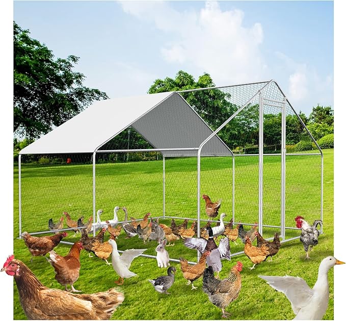 Large Metal Chicken Coop Walk-in Poultry Cage Chicken Runs for Yard with Coverd Chicken Pen for 20 Chickens Duck Rabbit House Outdoor
