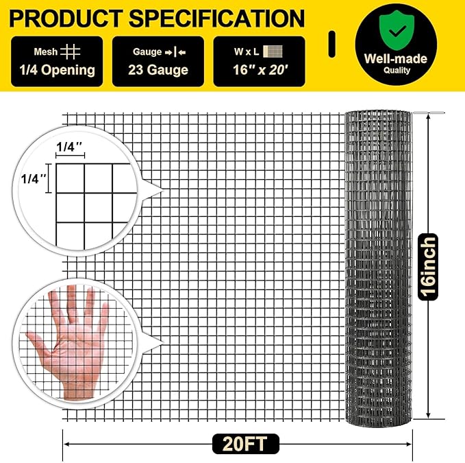 Black Hardware Cloth 16'' x 20' PVC Steel Vinyl Coated 1/4 inch Galvanized Wire Mesh Roll (23 GA) Chicken Wire Fence Roll, for coop Fences,Screen mesh, Rabbit/Snake Fences, Poultry enclosures, etc.