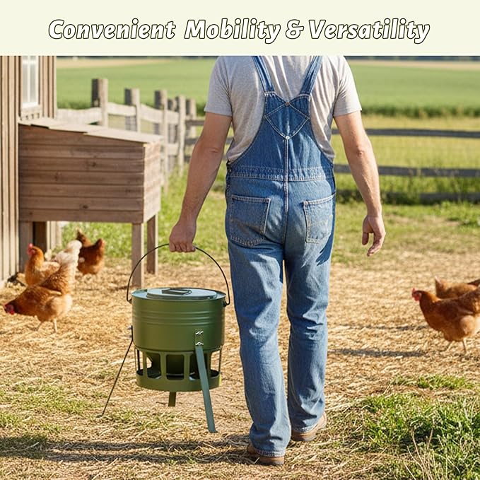 KOL Metal Chicken Feeder - 20lbs No Waste Chicken Feeder with 12 Ports, Powder Coated Rust-Proof Design & Smooth Edges for Safe Feeding (Avocado Green)