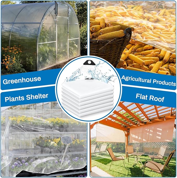 6 Pcs 6x8 ft Clear Tarp with Grommets Heavy Duty Transparent Tarp Waterproof 8mil Green House Cover with Rope for Plant Garden Patio Chicken Coop Porch (Classic Style)