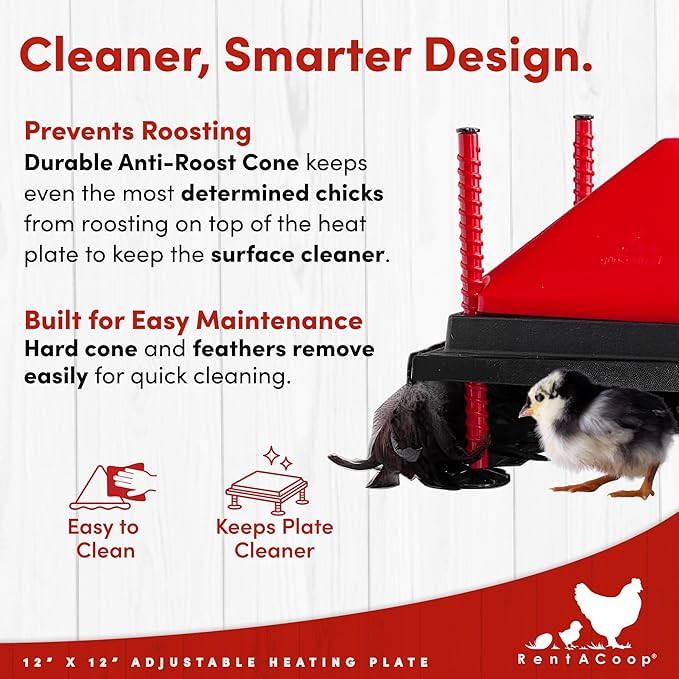 RentACoop 12x12” Adjustable Heating Plate with Hard Anti-Roost Cone Set and Removable Comfort Feathers - Chick Brooder Heat Plate Warms Up to 20 Chicks – Energy Efficient - Safer Than Heat Lamps