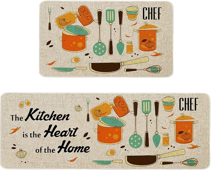 The Kitchen is The Heart of The Home Kitchen Mats Set of 2, Non-Slip Rubber Back Kitchen Rugs, Seasonal Holiday Cooking Sets Washable Floor Mat for Home Kitchen Decor - 17x29 and 17x47 Inch