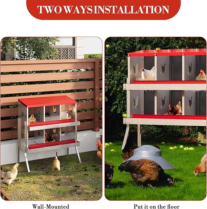 Heavy-Duty 6-Compartment Chicken Nesting Boxes with Roll Away Feature - Easy Clean Pull-Out Trays, Built-in Perch | Wall Mount/Free Standing Hen Laying Nests - Premium Poultry Egg Collection Solution